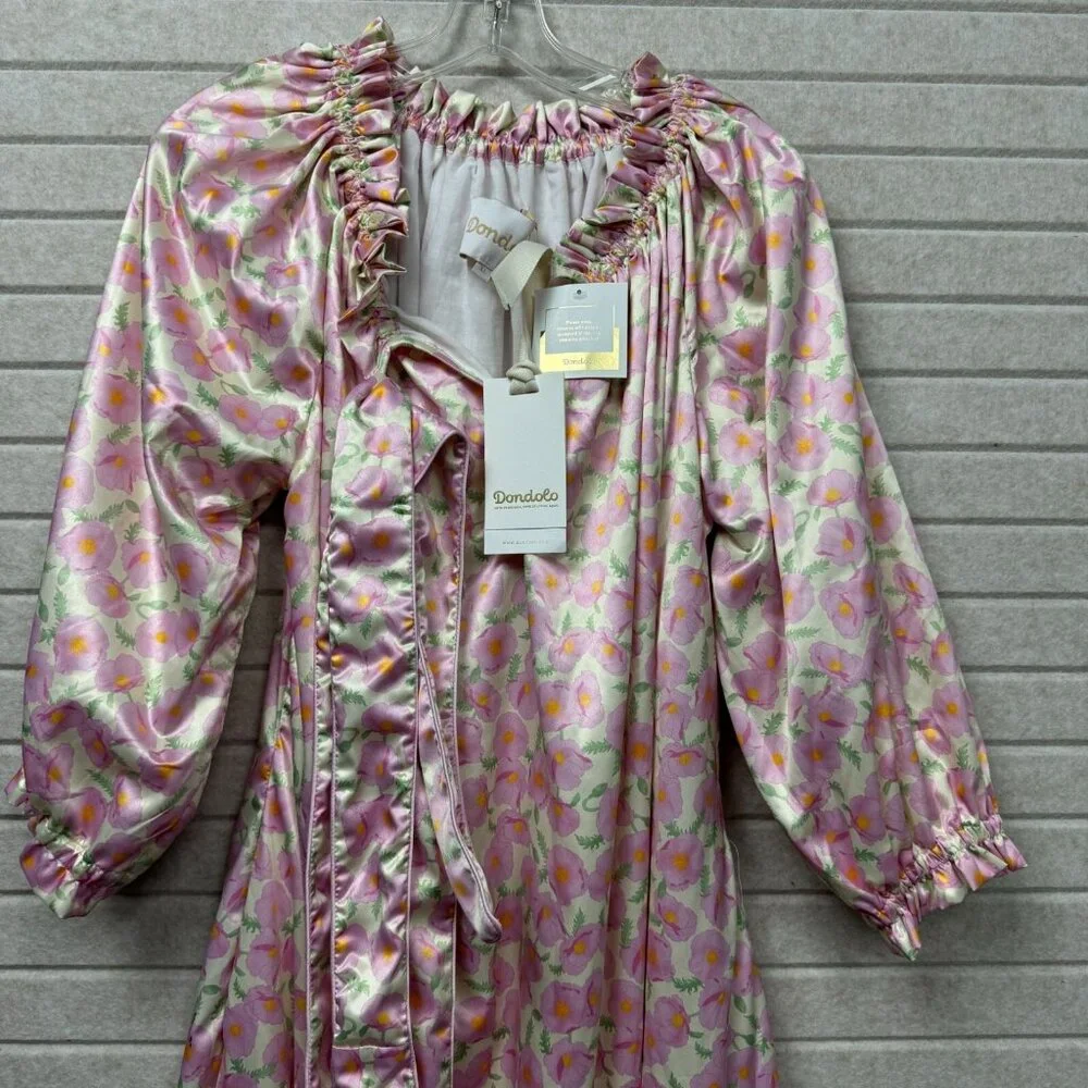 Dondolo Caroline NWT Satin Midi Dress Puff Sleeve Ruffle Floral Women Pink - Picture 3 of 16